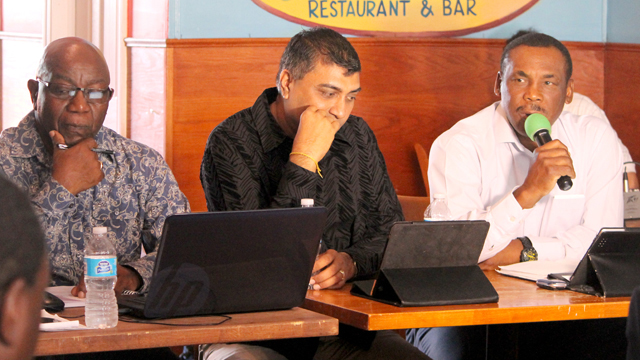 Pictured (l-r) at the press conference were tournament manager, Orville Hall, Pooran Ramnanan, tournament promoter and former West Indies batsman Gordon Greenidge. Photo by Domenick Rafter
