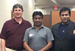Jamie Harrison with Maq Qureshi and Shuja Khan of Cricket Council USA.