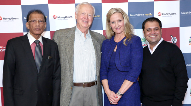 Pictured from L to R, Founder Rahul Walia along with Joanne Chatfield, VP Marketing, MoneyGram, Vagn Fausing, Kawan Food and HR Shah Chairman & CEO of TV Asia at the Launch of MoneyGram Cricket Bee.  Photo: Gunjesh Desai 