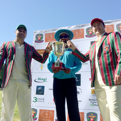 Pre-game ceremonies as the two captains and umpire pose with the Napa Valley World Series of Cricket trophy. (L-R) Kiranpreet Singh, Barry Manogaran and Rob Bolch.