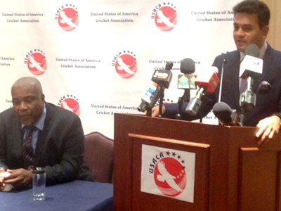 Jay Pandya touts his investment plan for United States cricket in the presence of Gladstone Dainty, USACA President.