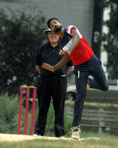 Nair is seen here bowling against the visiting Marylebone Cricket Club of England.