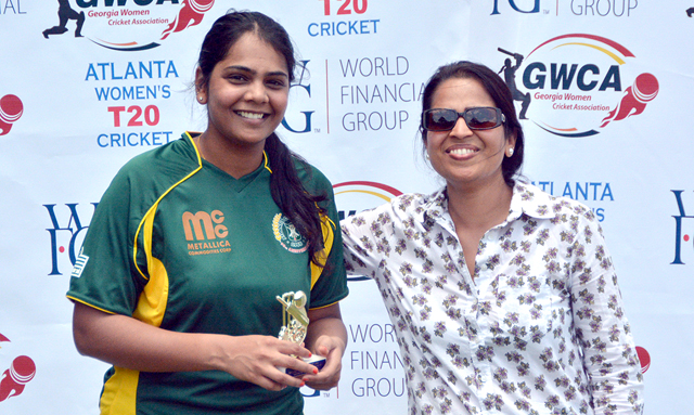 Sindhuja Reddy Salguti (left), accepting Player-of-the-Match award at 2016 Atlanta Women's T20 Tournament