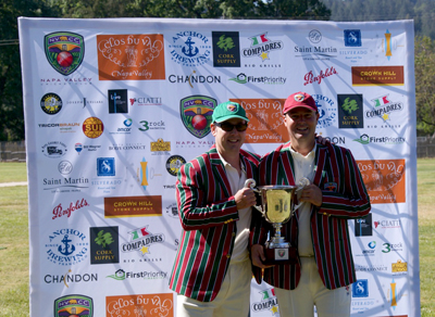 •Pre-game ceremonies as the two captains pose with the Napa Valley World Series of Cricket trophy. Rob Bolch (L) and Bill Nancarrow 
