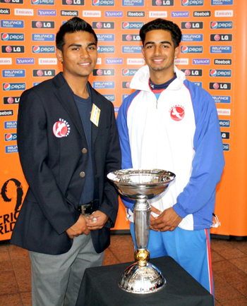 Shiva Vashishat (left) with current USA skipper Muhammad Ghous at the 2010 ICC Under-19 World Cup.