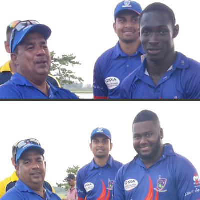 Carmichael (top/right) and Deane (bottom/right) being acknowledged by LSC Sponsor Hafeeze Ali for their half-centuries.