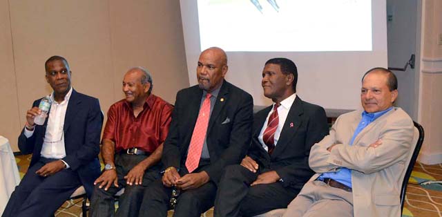 West Indies Test Legends (L to R) Michael Holding, Alvin Kallicharran, Colin Croft, Lawrence Rowe and Faoud Bacchus answer questions at ACF dinner.