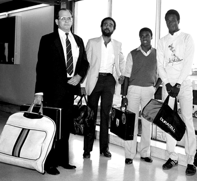 Steve Camacho (left) during his time as West Indies manager with players Jeff Dujon, Gus Logie and Winston Davis.