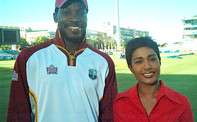A picture of West Indies batsman Chris Gayle with the SABC’s Kass Naidoo, at Newlands in Cape Town during the 2003/04 tour of South Africa. Photo: Supplied