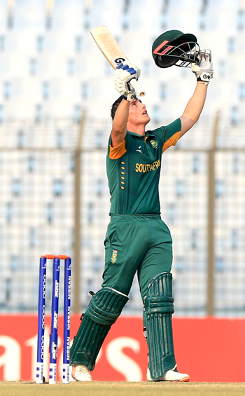 Liam Smith of South Africa celebrates his century against Bangladesh. Photo: ICC