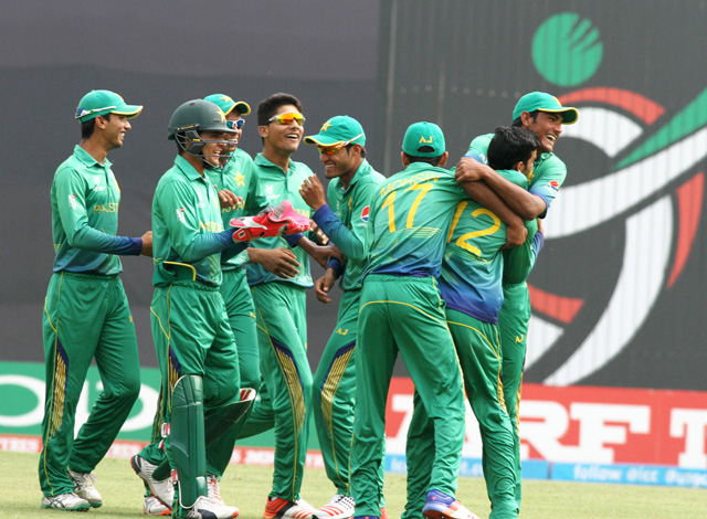 Pakistan players celebrates the fall of a wicket. Photos: ICC