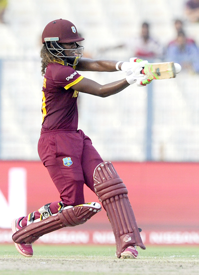 Hayley Matthews bats during her knock of 66. Photo by Pal Pillai/IDI via Getty Images