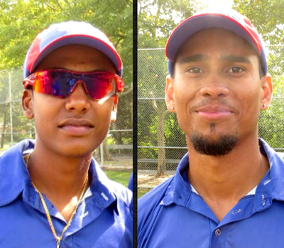 Leon Mohabir (left) picked up 3 wickets, Francis Mendonca (right) stroked 96 to set-up Liberty Sports Club win.