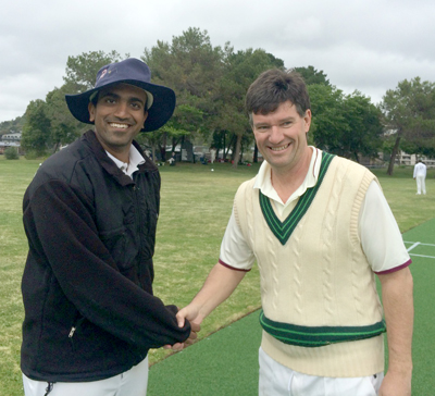 Marin CC captain Vish Chapalamadugu (L) and NVCC captain Bernie Peacock shake hands at the toss ahead of their recent game.