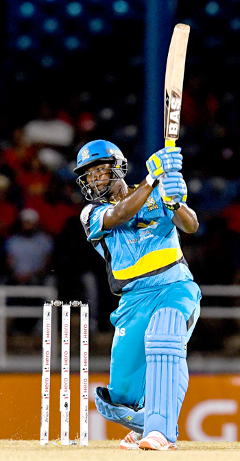 Johnson Charles of St Lucia Zouks hits 4 during Match 1 of the Hero Caribbean Premier League between Trinbago Knight Riders and St Lucia Zouks at the Queen's Park Oval in Port of Spain, Trinidad. Photo by Randy Brooks/Sportsfile