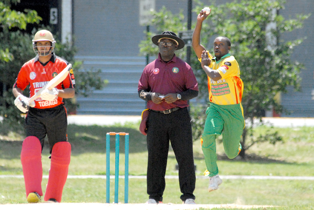 Mark Tyrell during his spell of 3 for 22 against Trinidad & Tobago. Photos by Shiek Mohamed