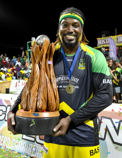 7 August 2016;  Chris Gayle of Jamaica Tallawahs with the winning trophy at the end of Match 34 of the Hero Caribbean Premier League (CPL)  Final at Warner Park in Basseterre, St Kitts. Photo by Randy Brooks/Sportsfile