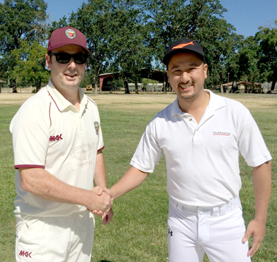 •NVCC club captain Rob Bolch (L) pictured at the toss with Jack Tse of the SF Seals ahead of their recent game at the Fairgrounds, Calistoga