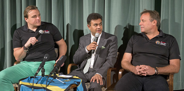 Pictured at the Hero Caribbean Premier League (CPL) unveiling of the new ownership of the St. Lucia Zouks franchise are Damien O'Donohoe (CEO, CPL), Jay Pandya (Owner, St. Lucia Zouks) and Pete Russell (COO, CPL) at Soho Square, London. Photo by Henry Browne/CPL/Sportsfile