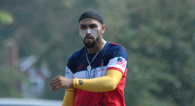 Jasdeep Singh was the most successful USA bowler, picking up 4 for 51. Photo by Shiek Mohamed