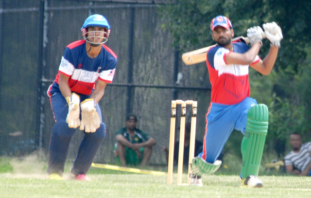 Prashanth Nair of New York batting during the USA Cricket combine at Van Cortland Park, New York. Photos by Shiek Mohamed