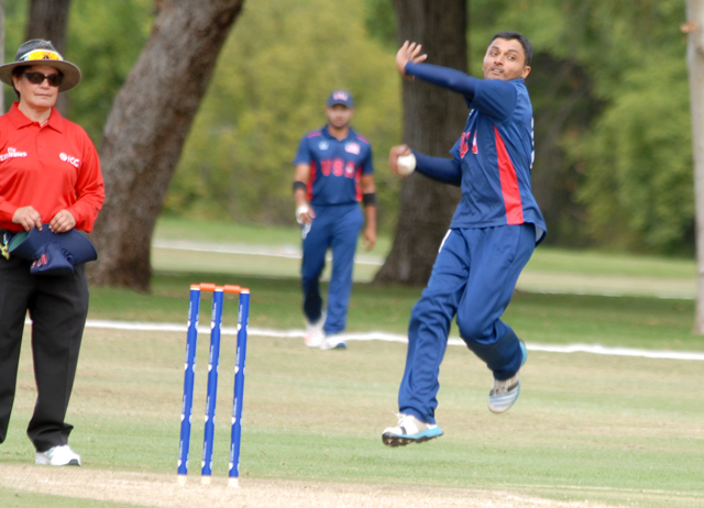Right spinner Timil Patel picked up 5 for 29 in the opening game of the ICC World Cricket League Div. 4. Photo by Shiek Mohamed