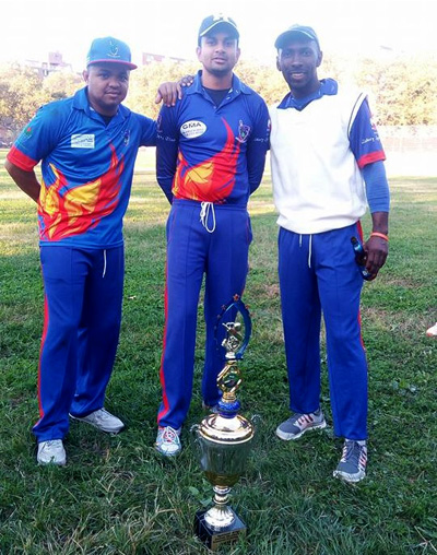 Clain Williams (right) represented Liberty Sports Club is seen here with skipper Danesh Deonarain (center) and Trevor Henry after they won their league T20 final. 
