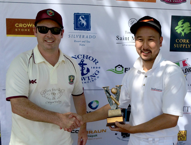 NVCC club captain Rob Bolch (L) presents Jack Tse (R) of the SF Seals with the Vino Cup in July.
