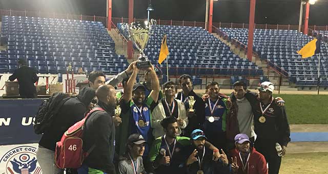 Somerset Cavaliers lifts the 2017 US Open T20 tournament trophy after beating US All Stars in the final