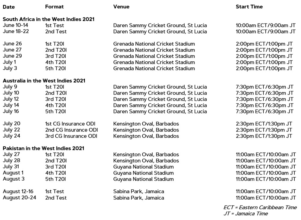 West Indies Home Schedule 2021