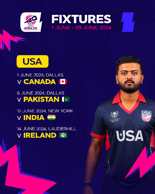 USA schedule in the ICC Men's T20 World Cup 2024.